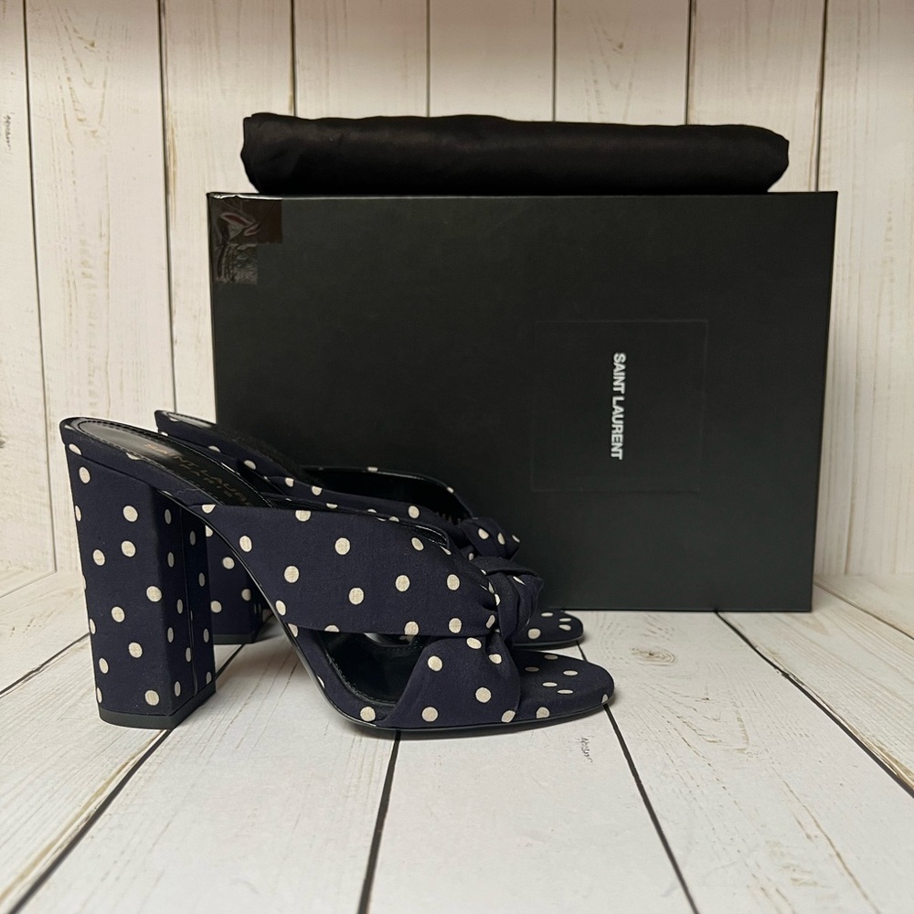 Saint Laurent Bianca 100 Polka Dot Satin Sandal Marine Navy/White Sz 37 / 7 - Picture 2 of 11